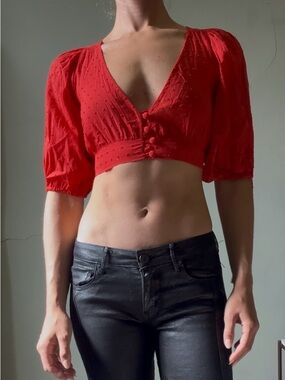 FARM Rio Scarlet Textured Puff Sleeve Crop Top